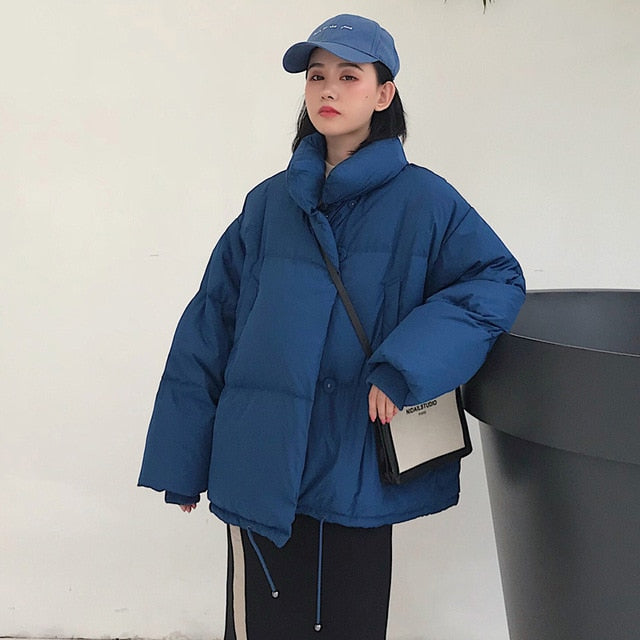 Winter Jacket Women Stand Collar Solid Black White Down Coat Loose - friipe
