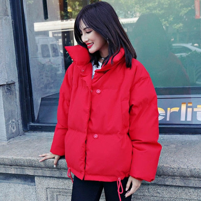 Winter Jacket Women Stand Collar Solid Black White Down Coat Loose - friipe